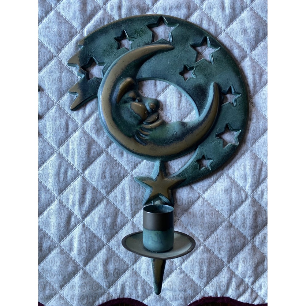 Vintage 1994 Partylite Sun and Moon Wall Sconce Pair Teal Verdigris Celestial - Picture 3 of 14